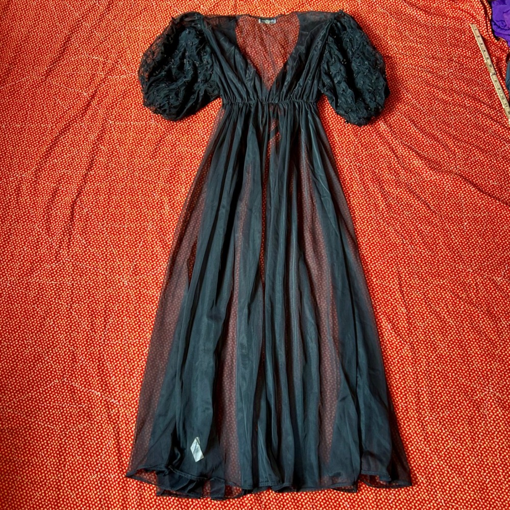 Vintage Miss Elaine Black Sheer Nylon Maxi Robe Peignoir Puff Sleeve Bows Large - Picture 2 of 9